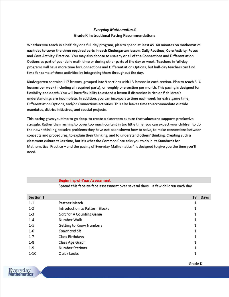 Everday Math pacing guide page