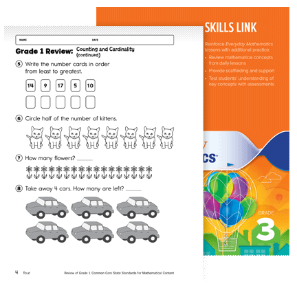 Everday Math Skill Link book cover and example worksheet for Grade 1 review: Counting and Cardinality