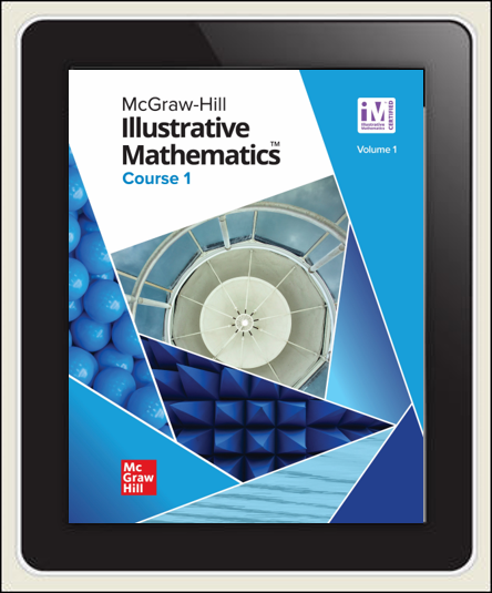 McGraw Hill Illustrative Math Course 1 cover, Volume 1 on tablet screen
