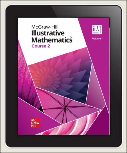 McGraw Hill Illustrative Math Course 2 cover, Volume 1 on tablet screen