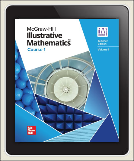 McGraw Hill Illustrative Math Course 1 cover, Teacher Edition Volume 1 on tablet screen