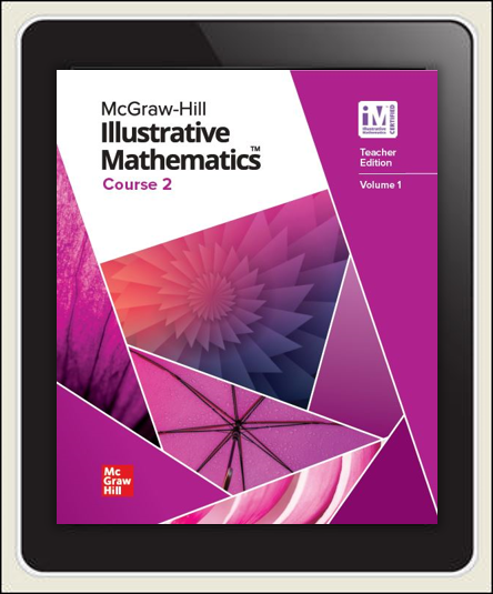 McGraw Hill Illustrative Math Course 2 cover, Teacher Edition Volume 1 on tablet screen