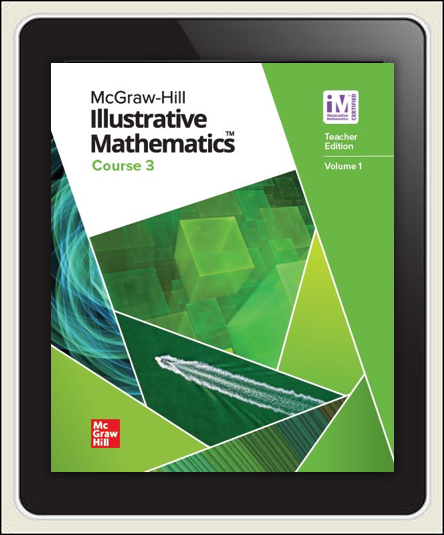 McGraw Hill Illustrative Math Course 3 cover, Teacher Edition Volume 1 on tablet screen