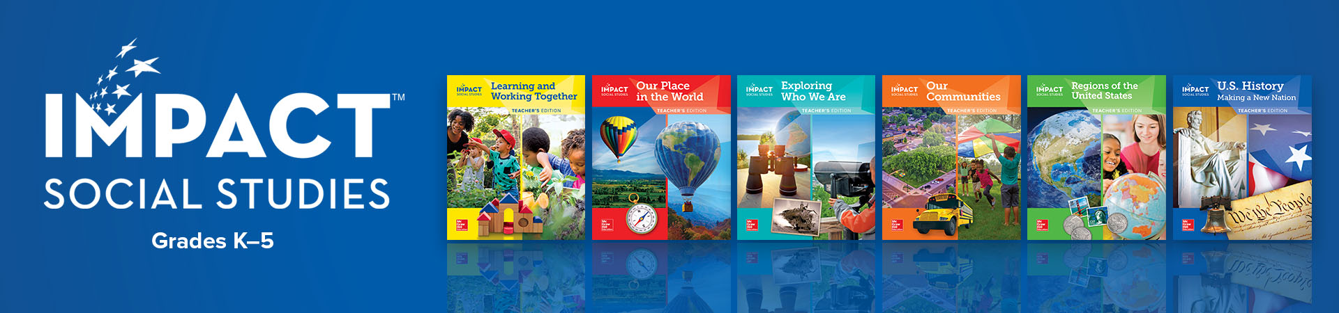 logo and textbook covers for impact elementary social studies curriculum