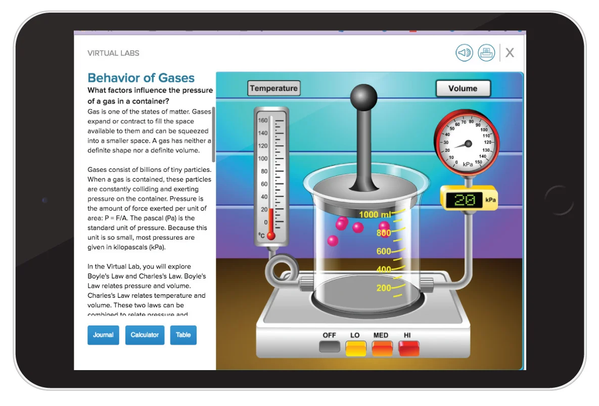 Virtual Labs, Behavior of Gas example on tablet