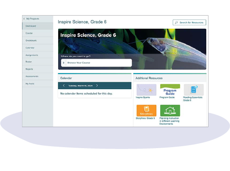 Dashboard view of digital product for Inspire Science