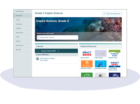 Dashboard view of digital product for Inspire Science grade 3