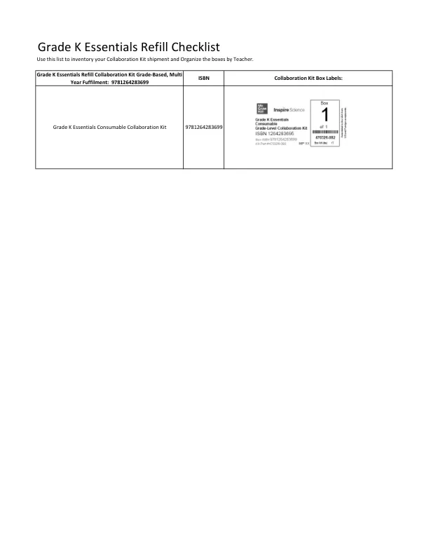 Grade K Essentials REfill Checklist