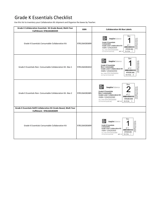 Grade K Essentials Checklist, Mulit Year