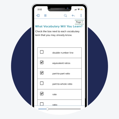 A screenshot of the Portal App asking “What Vocabulary Will You Learn?” with a checkbox selection of phrases including “equivalent ratios”, “double number line” and “part-to-part ratio”