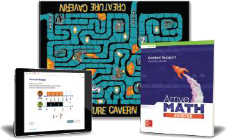 Arrive Math Guided Support cover, Creature Creative game board, and screenshot on tablet