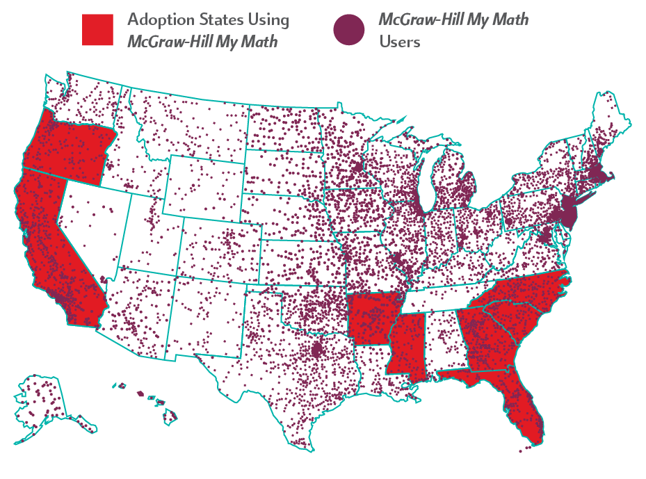 map of US showing Adoption states using McGraw Hill My Math and Users for My Math