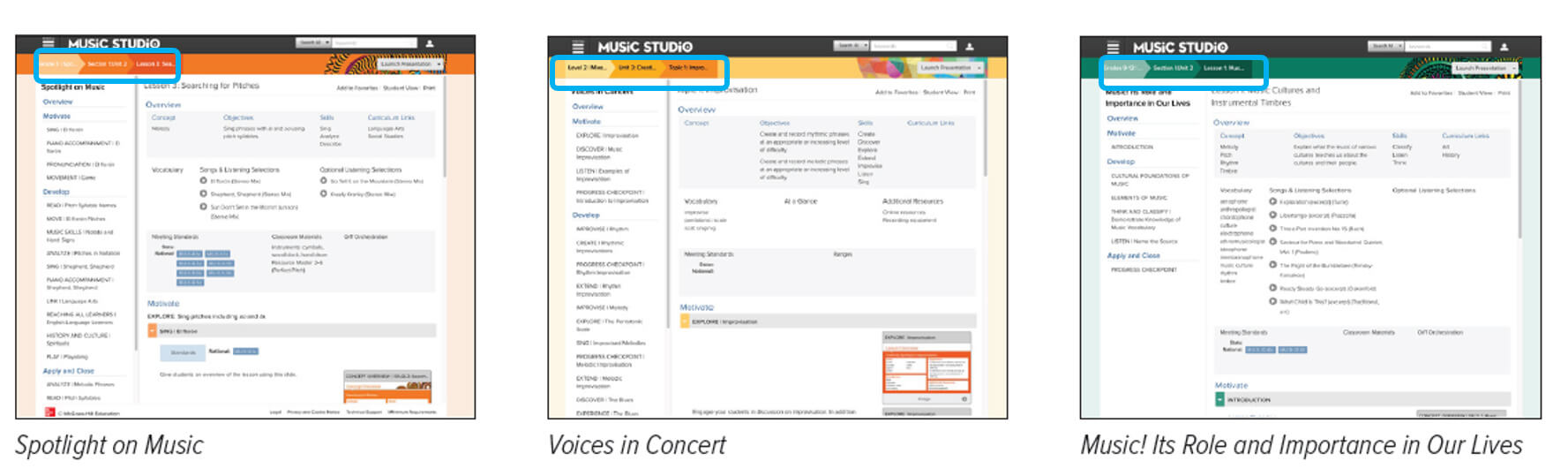 Exploring lessons in Spotlight on Music, Voices in Concert, and Music It's Role examples