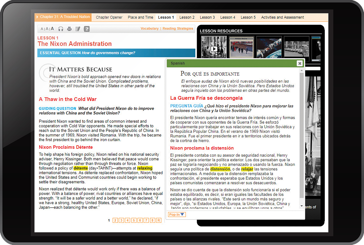 Chapter 21: A Trouble Nation example on tablet showing Lesson l: The Nixon Adminstration