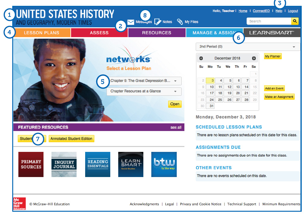 Screenshot of United States History and Geography Modern Times student dashboard