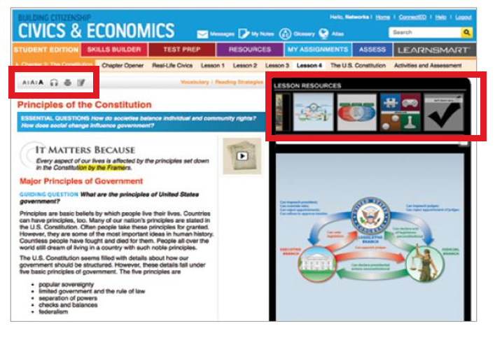 Screenshot of student center shows a carousel of resources and where to access tools for close reading.
