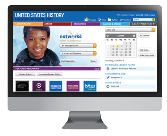 United States History and Geography: Modern Times Teacher Center Dashboard view