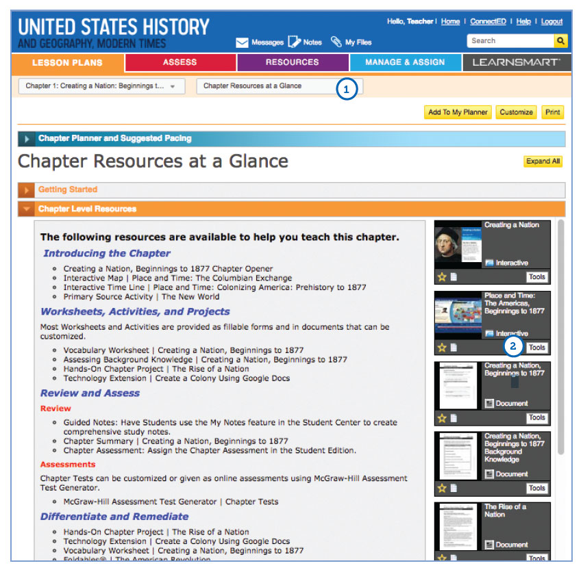 screenshot of US History and Geography Modern Times Chapter Resources at a Glance