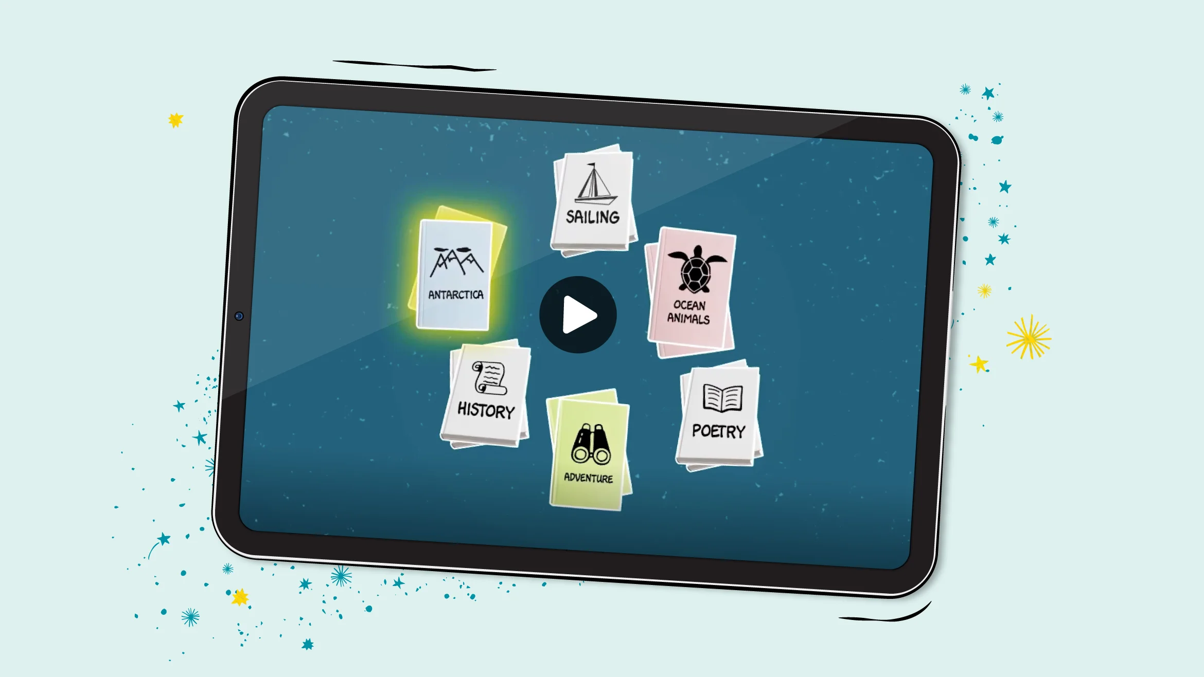 A tablet displaying an illustrated Concept Knowledge video. 