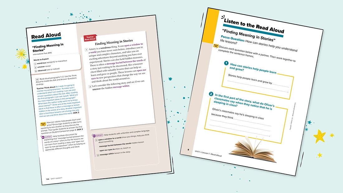 A page from the Teacher’s Edition and a page from the Student Companion on the Read Aloud activity. 