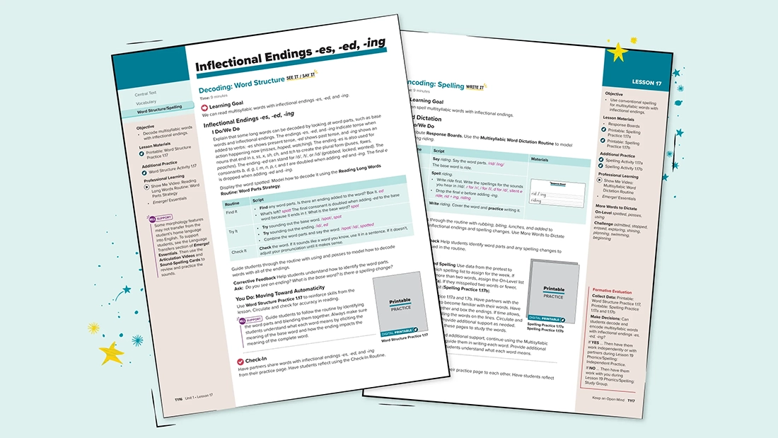 Two Teacher’s Edition pages: one on decoding and one on encoding. 
