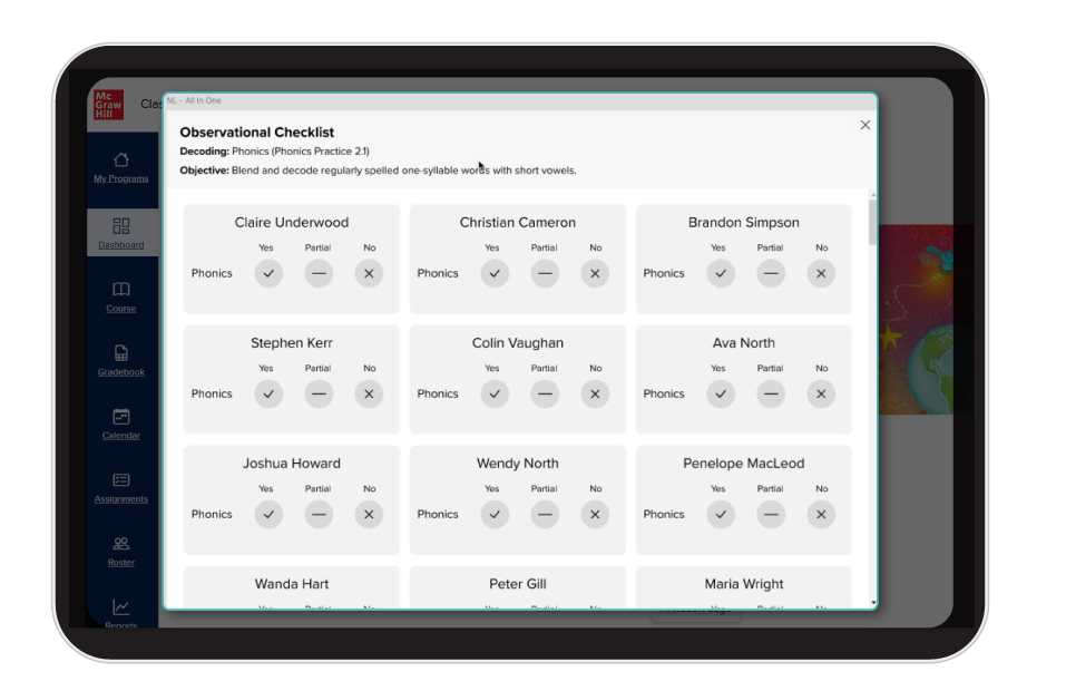 A tablet shows an observational checklist for evaluating students’ decoding phonics skills. 