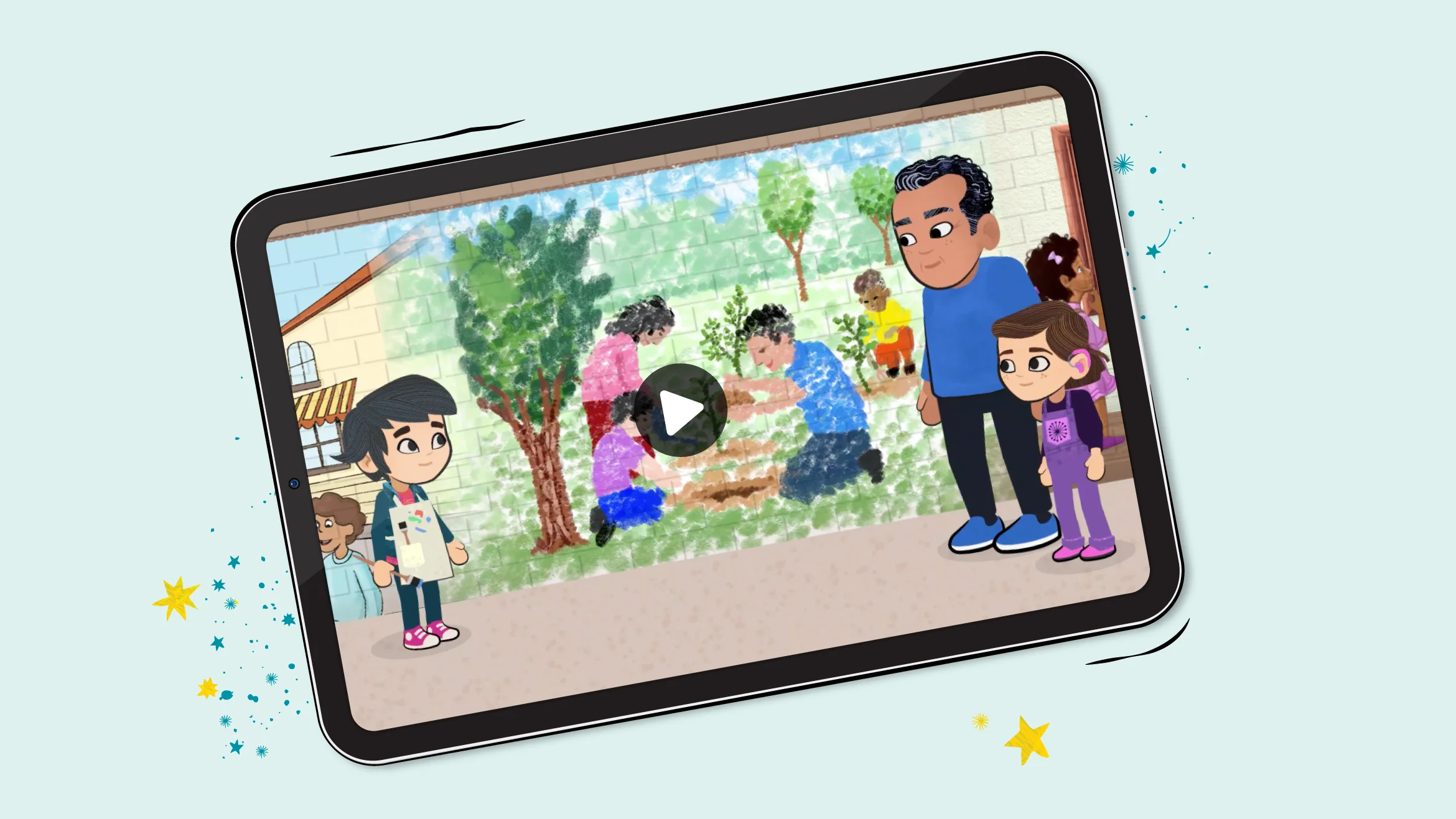 A tablet playing a colorful, illustrated Concept Knowledge video. 