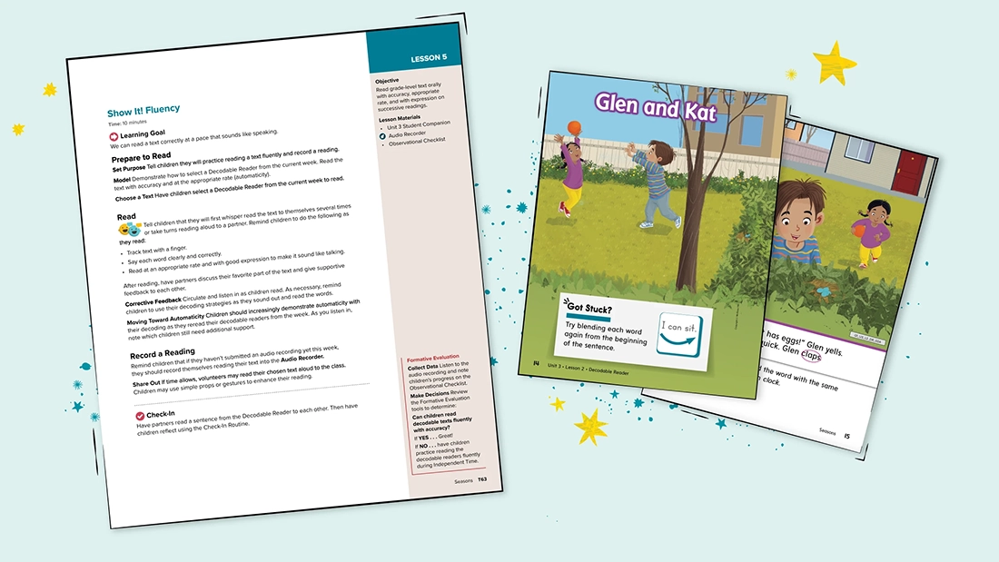 A page from the Teacher’s Edition on fluency next to the student text, “Glen and Kat.” 