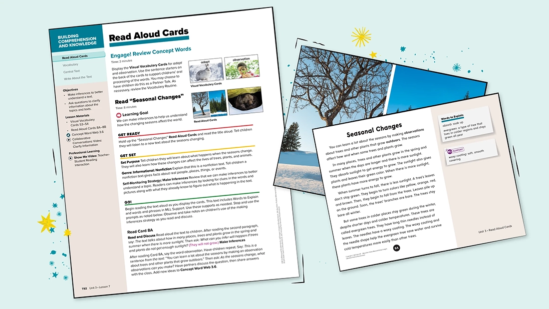 A page from the Teacher’s Edition on Read Aloud Cards beside a card on seasonal changes. 