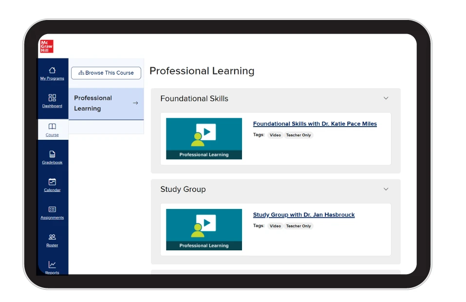 A tablet displays the professional learning tab in the digital experience. 
