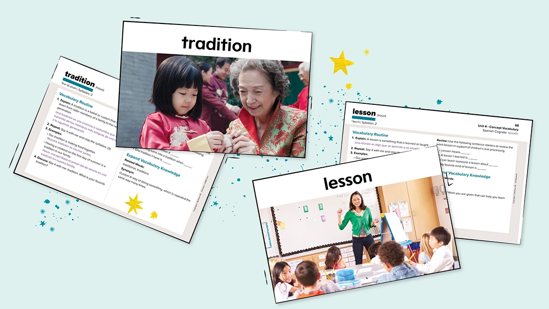 A variety of vocabulary cards and vocabulary pages from the Teacher’s Edition. 