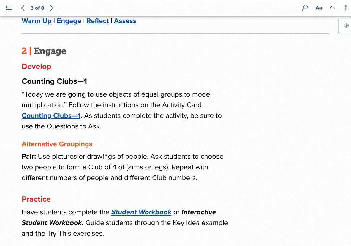 Example of engage activity in Number Worlds lesson used to develop students' skills of math concepts