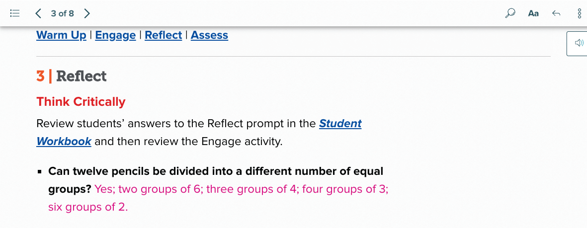 Example of reflect activity in Number Worlds lesson teaching students to think critically