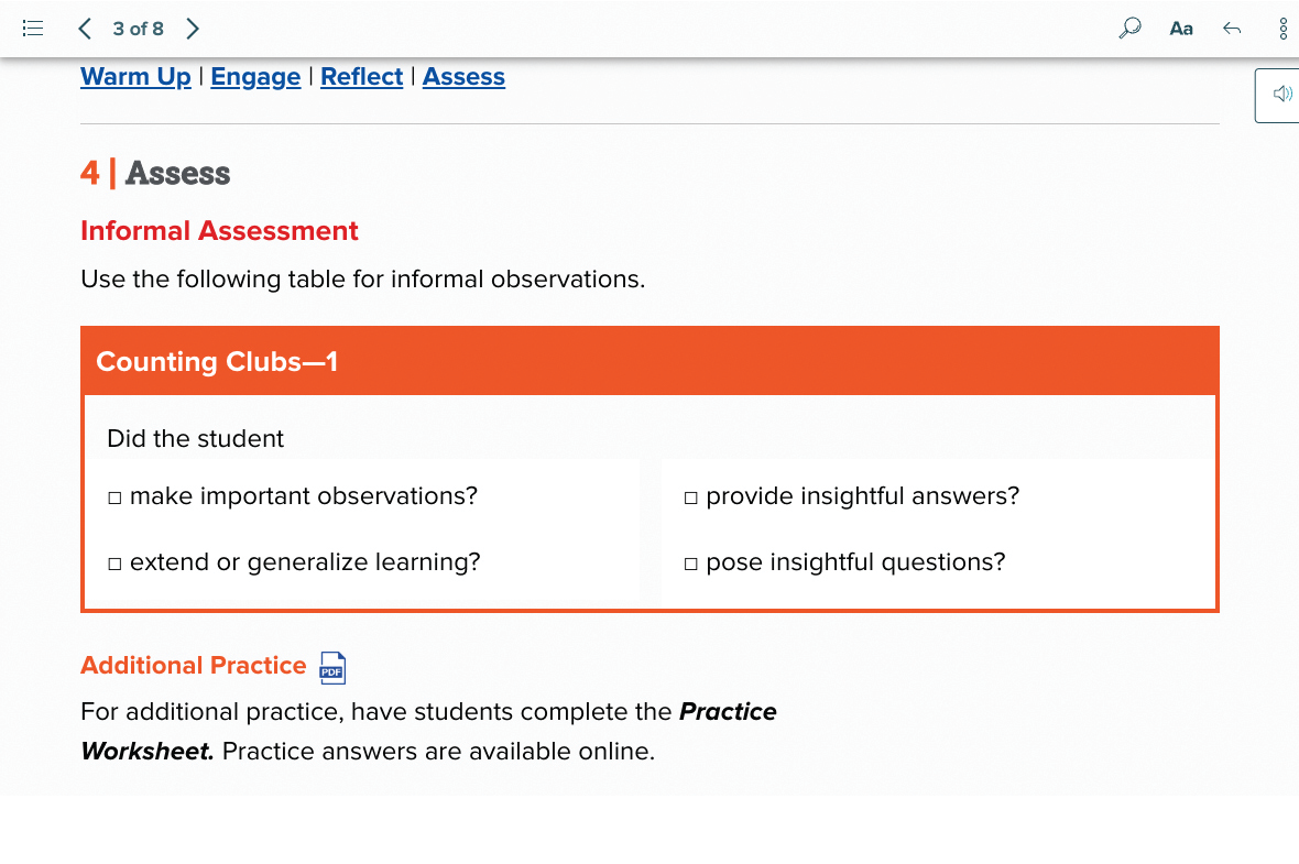 Example of assess activity in Number Worlds lesson, informal assessment with students