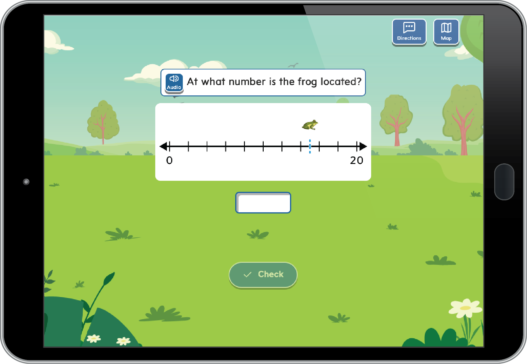 Buiding Blocks example on tablet showing Number Line: At what number is the frog located?