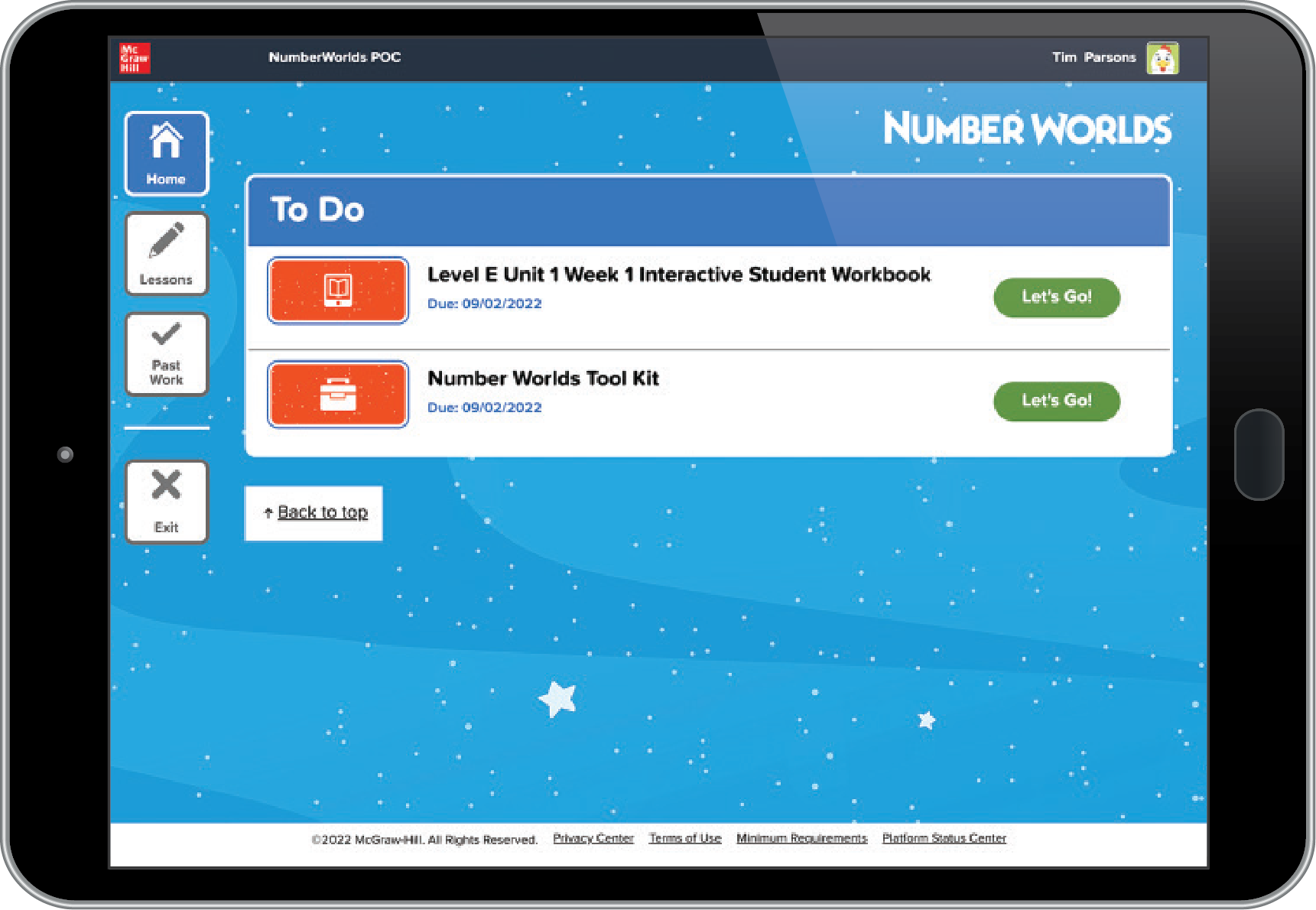 Number Worlds student dashboard on tablet showing to do list items