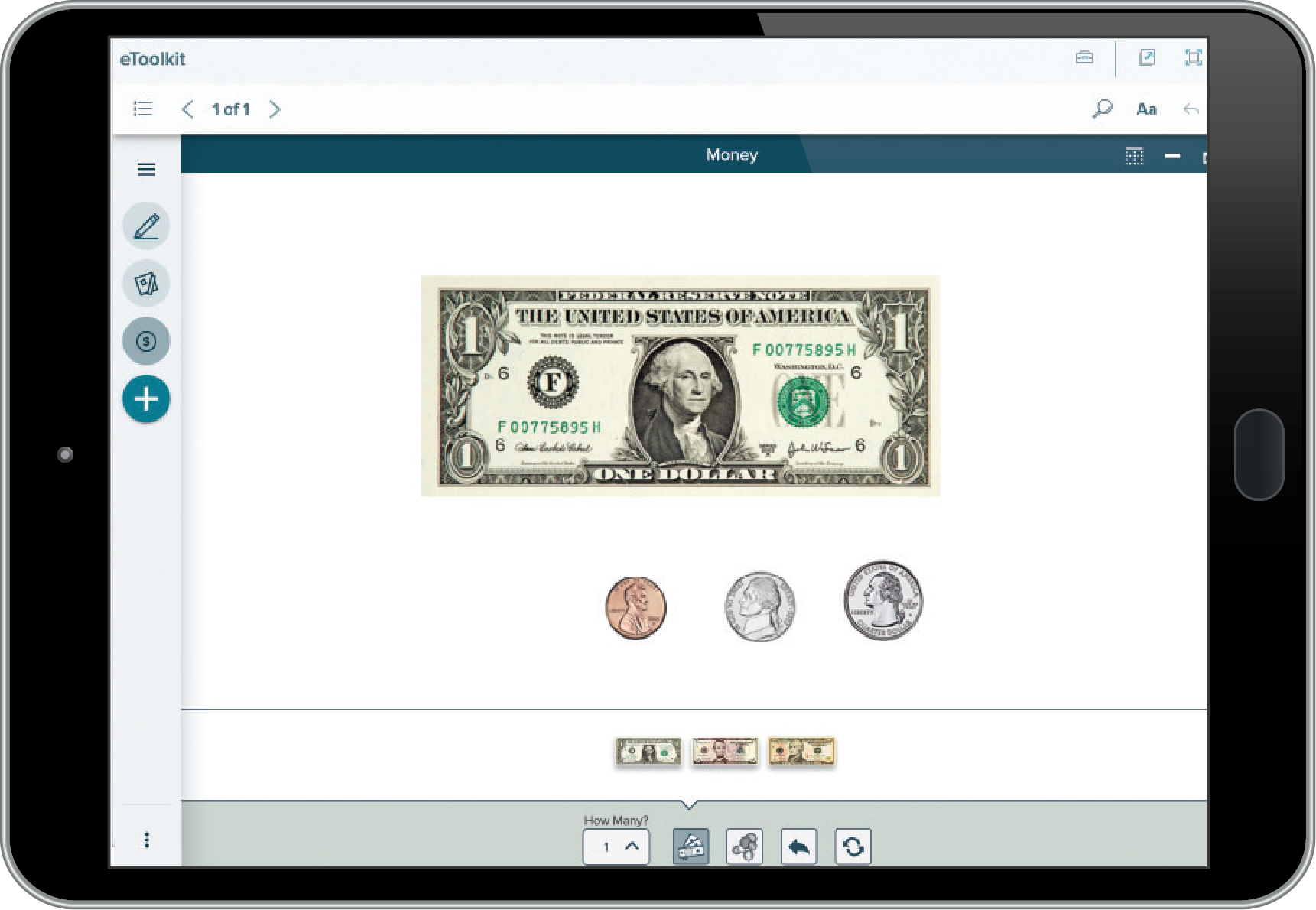 Number Worlds eTook Kit example on tablet showing examples of money