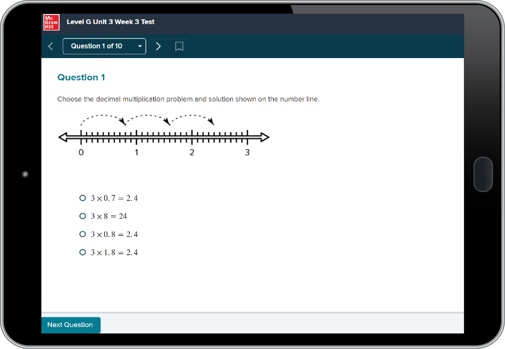 Number Worlds online assessment example on tablet : "Which sandwich is cut in thirds?"