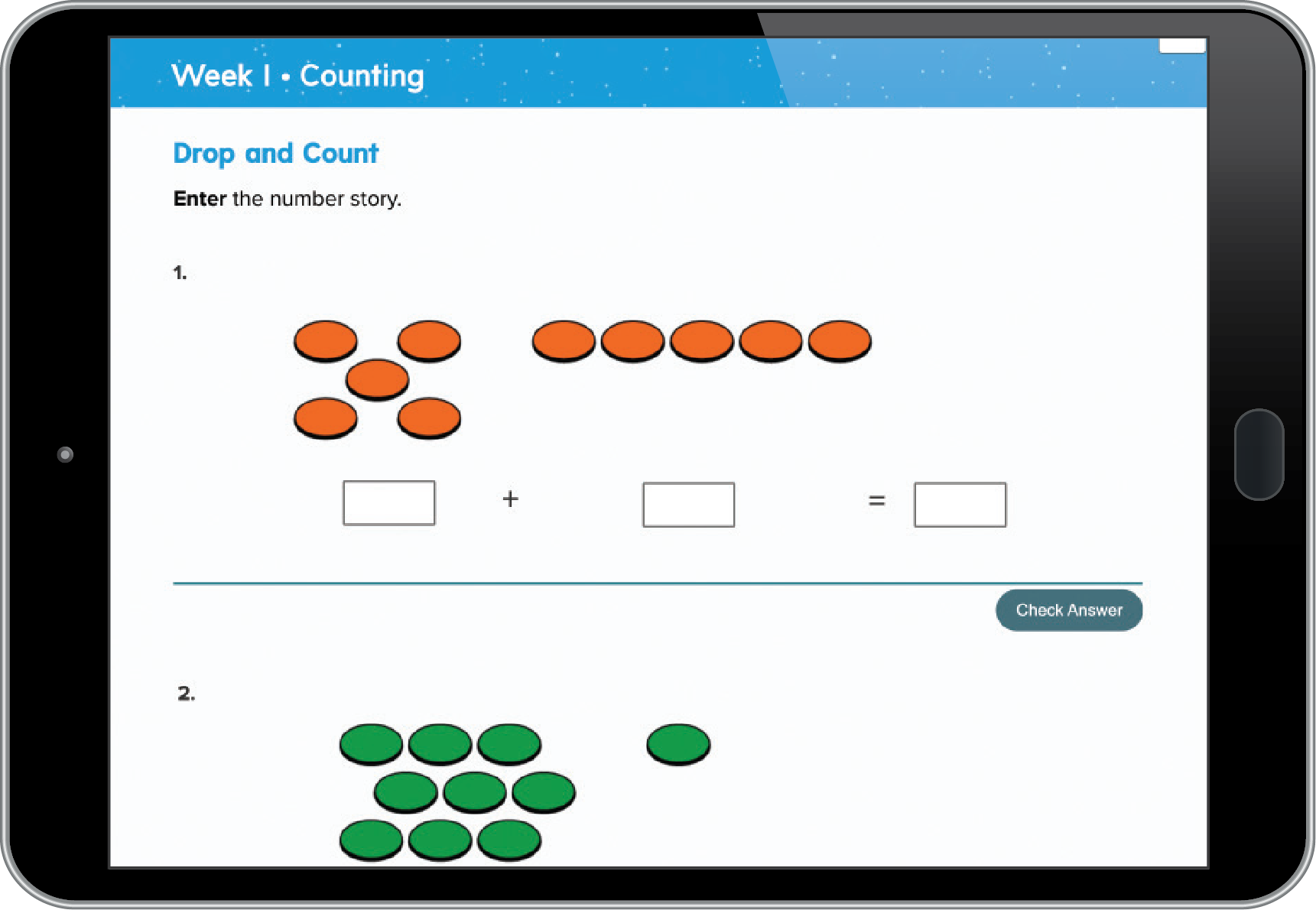 Number Worlds practice workbooks on tablet showing week 1, Counting: Drop and Count