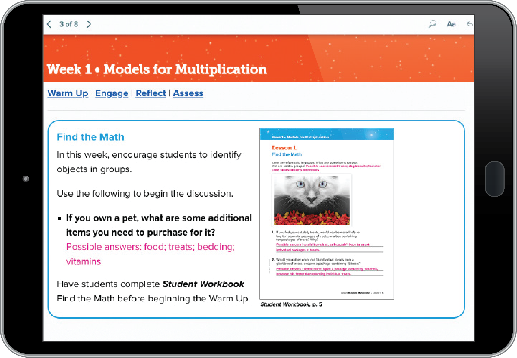 Number Worlds Teacher ebook example on tablet:  Week 1, Models for Multiplication