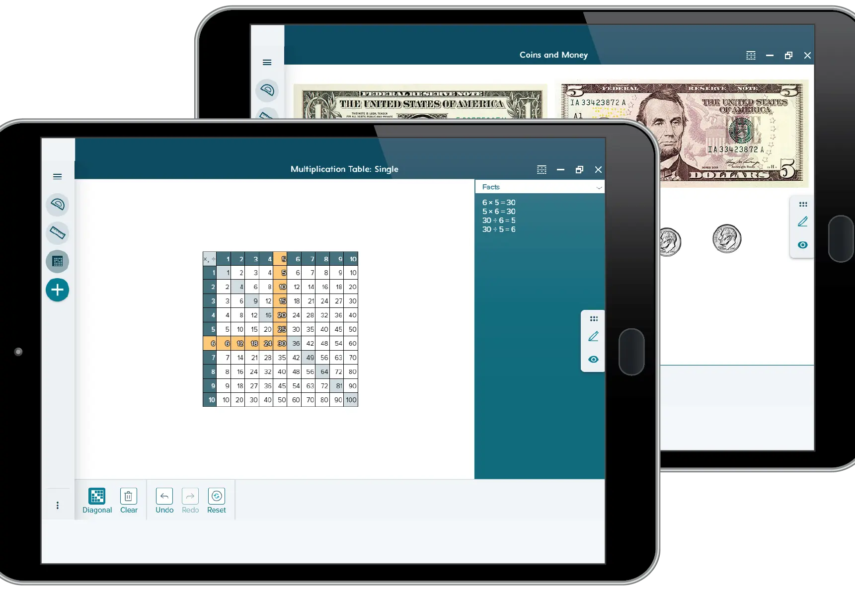 Number Worlds eTook Kit example on tablet showing examples of money