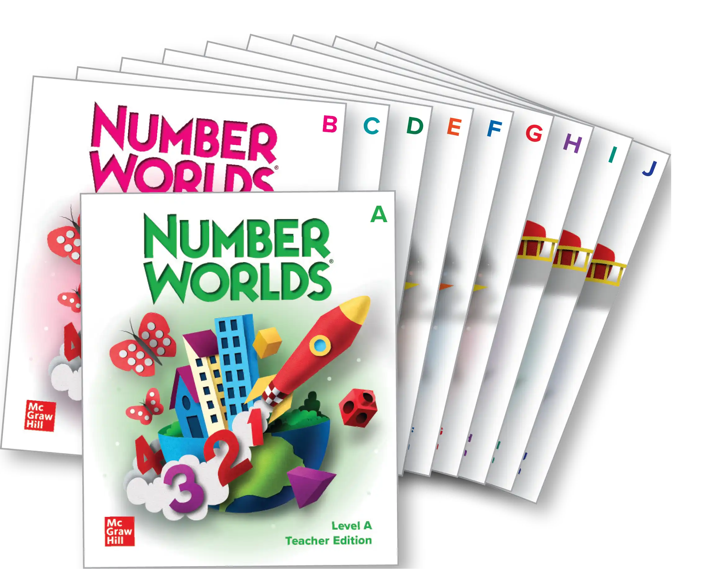 Number Worlds Teacher Edition covers Levels A-J