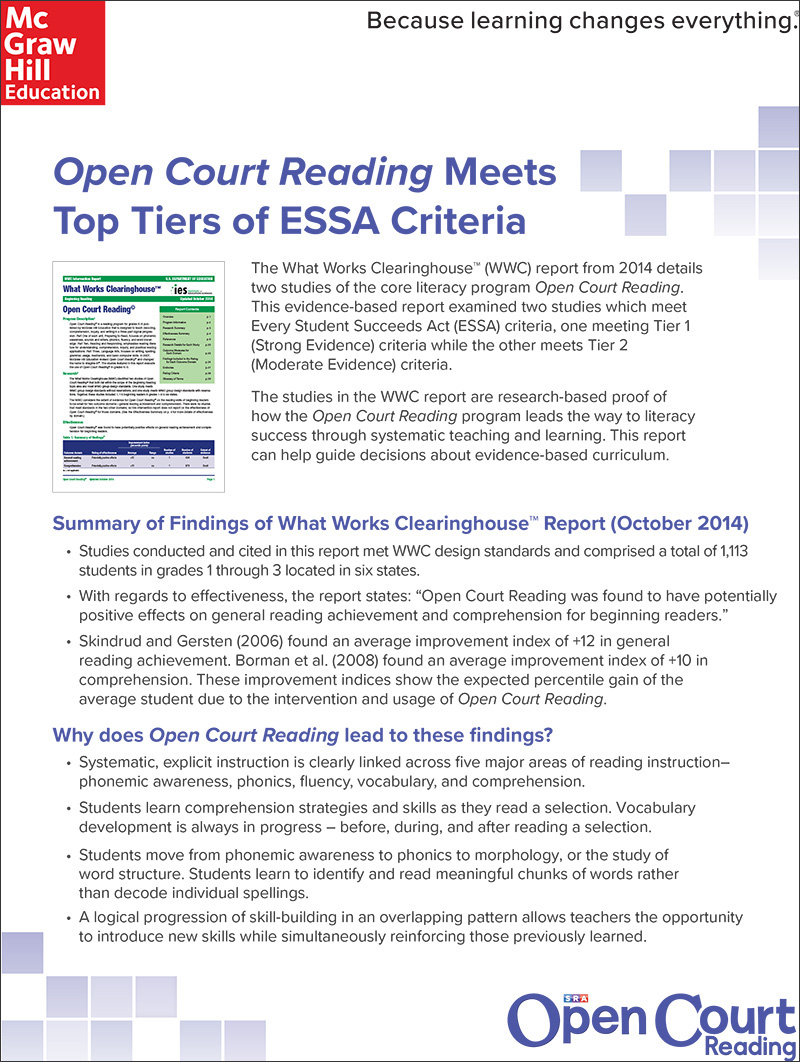 Open Court Reading Meets Top Tier of ESSA Criteria
