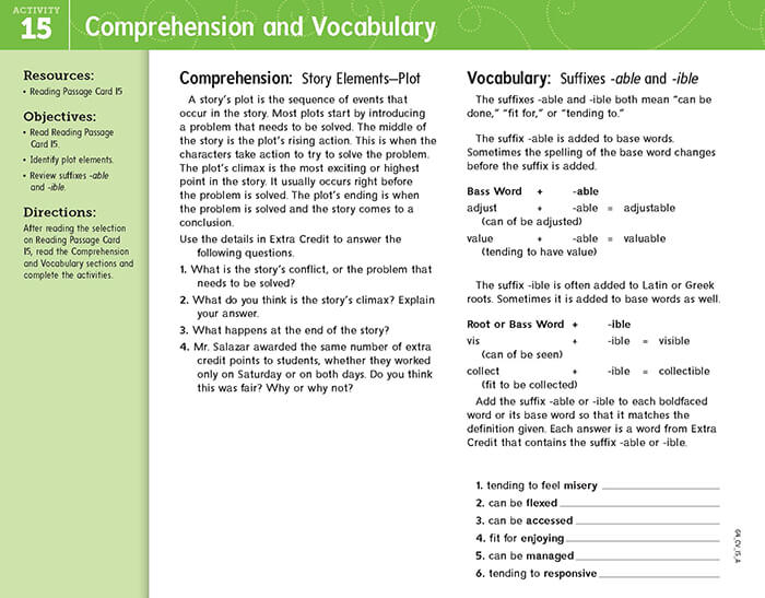 Reading card example showing Activity 15, Comprehension and Vocabulary 