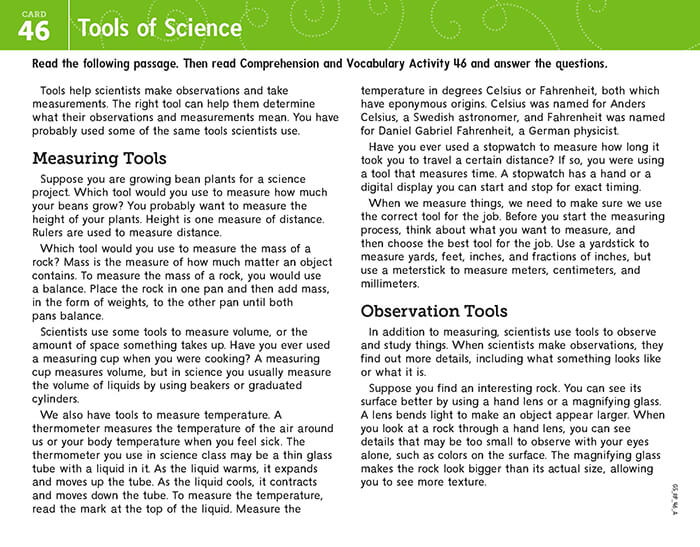 Reading card example showing Card 46, Tools of Science