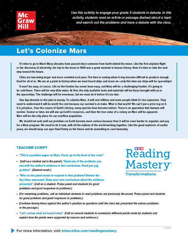 Let's Colorize Mars example debate activity page for Grade 5 students