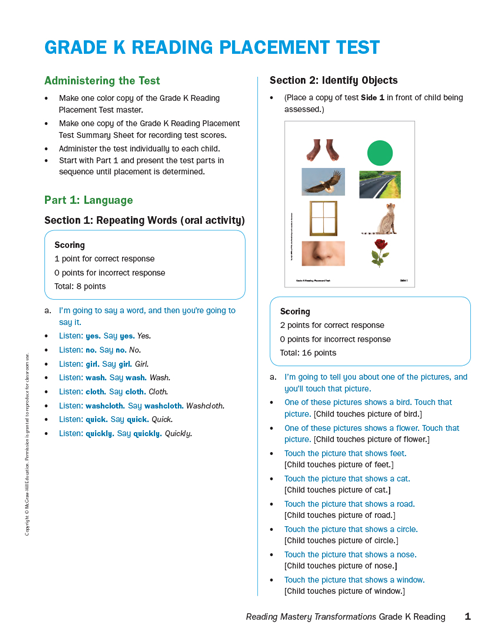 Grade K Reading Placement Test