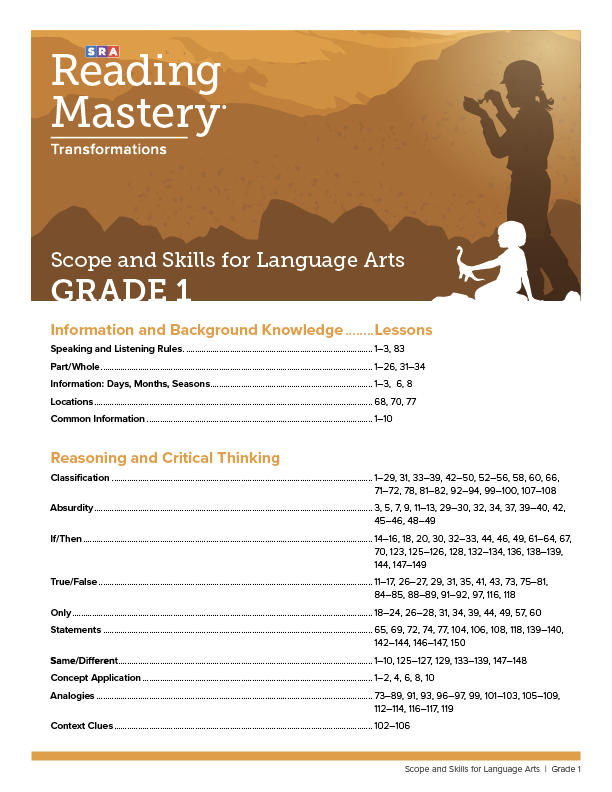Reading Mastery Transformations Scope and Skills for Langauge Arts Grade 1