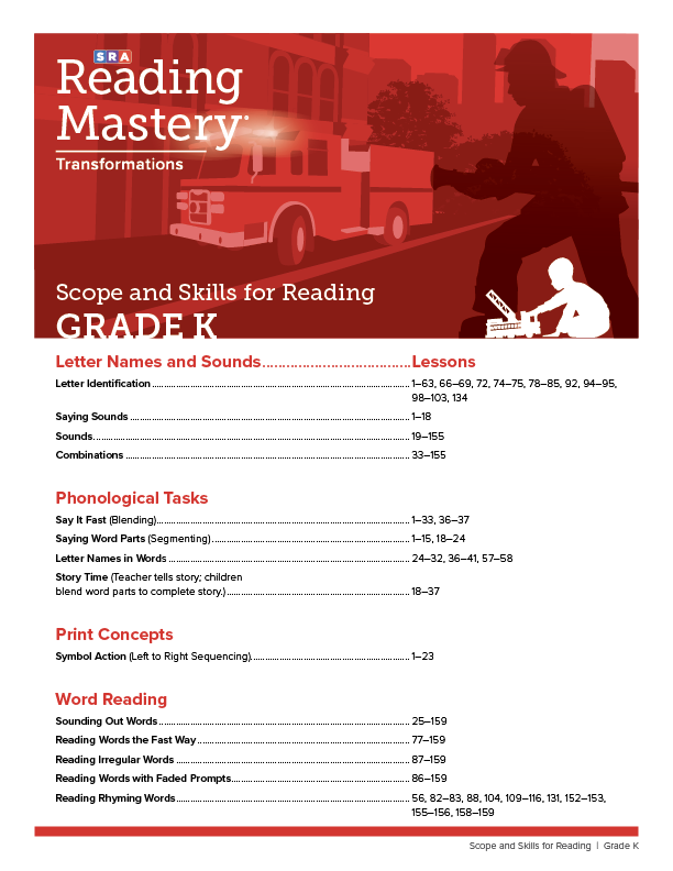 Reading Mastery Transformations Scope and Skills for Reading Grade K