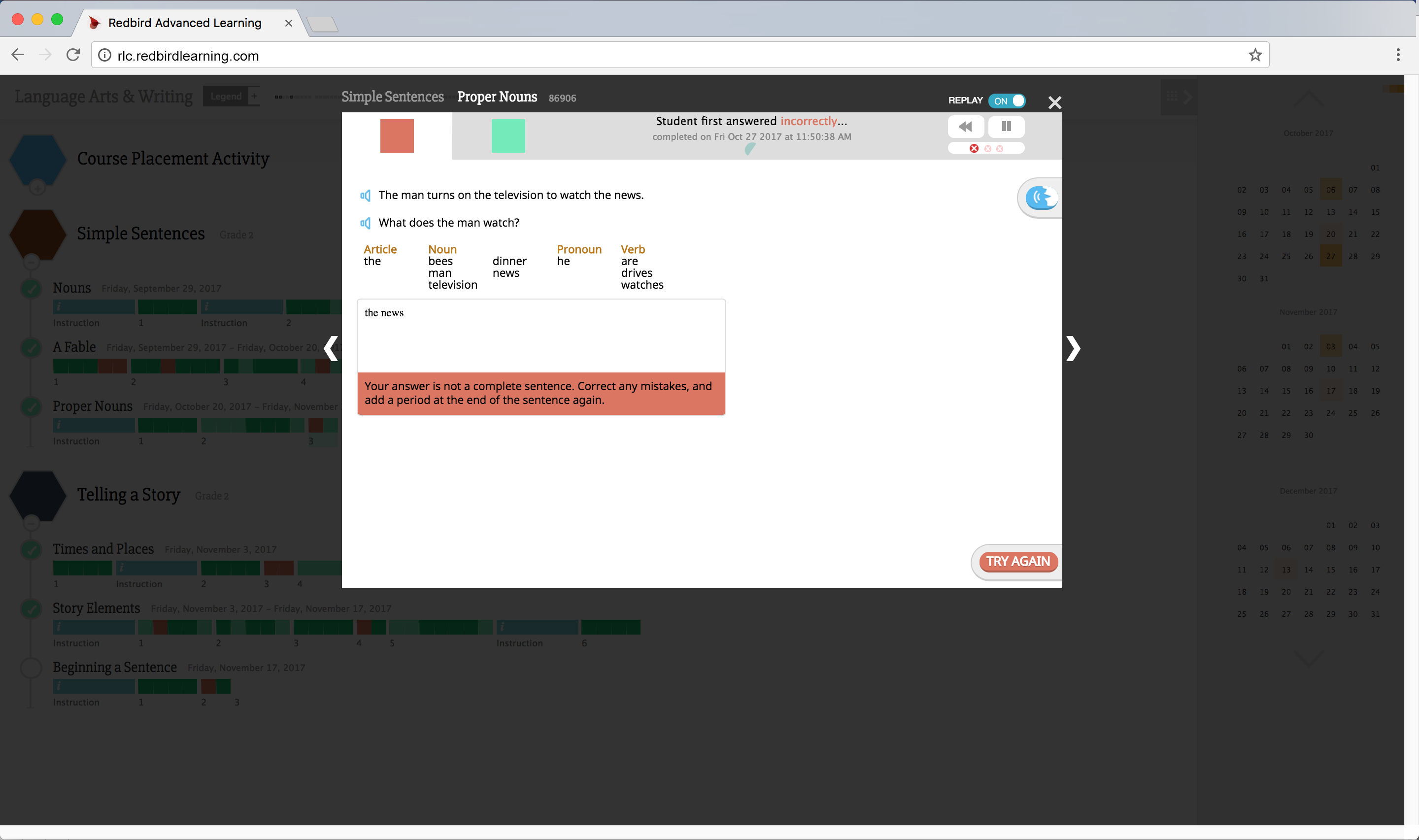 Example screenshot showing where student first assessed incorrectly